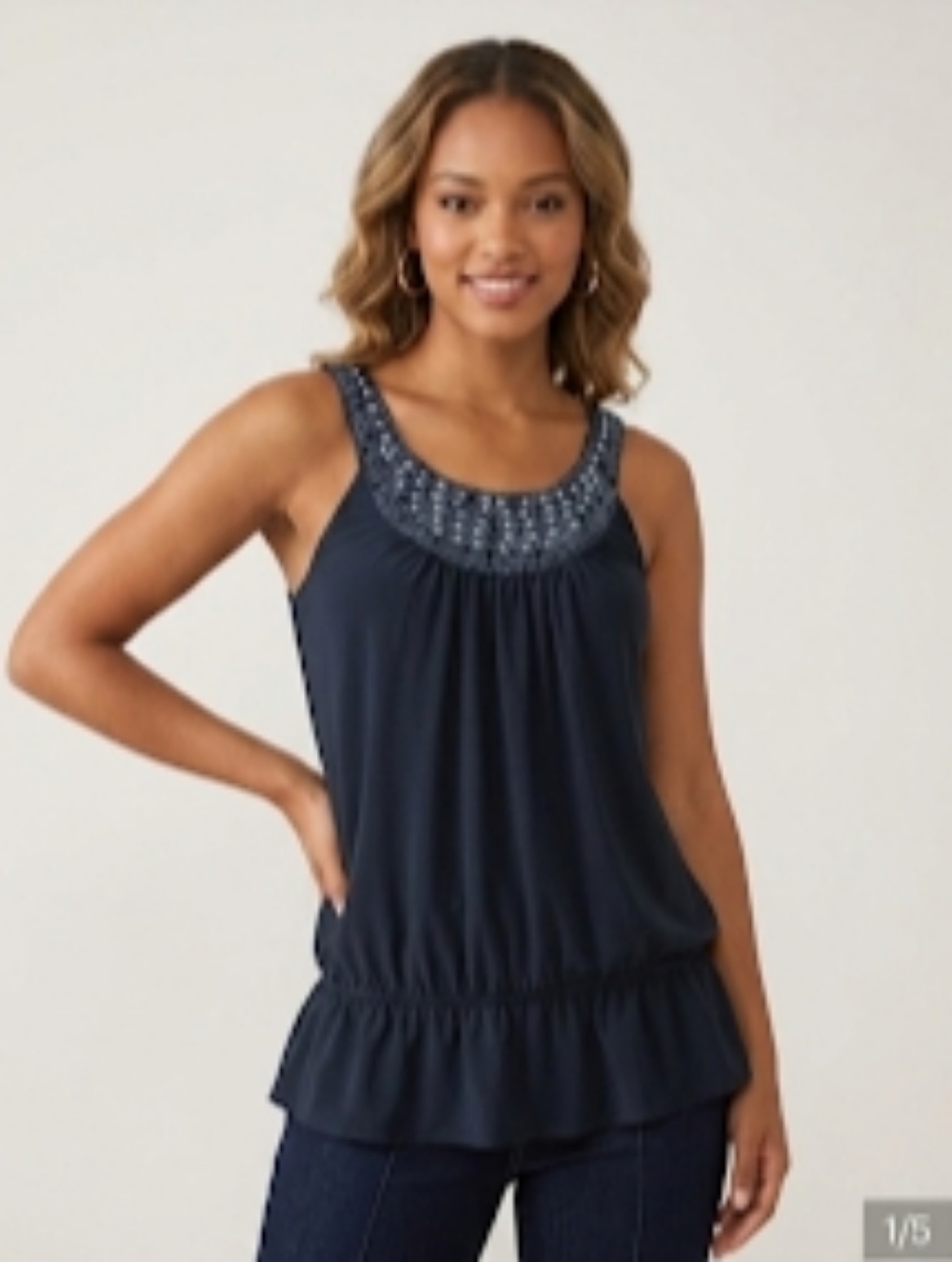 Rampage Black Embellished Beaded Scoop Neck Smocked Hem Tank Top Sz S